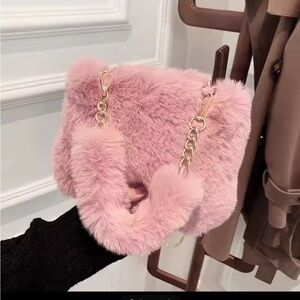 Pink Faux Fur Chain Shoulder Bag